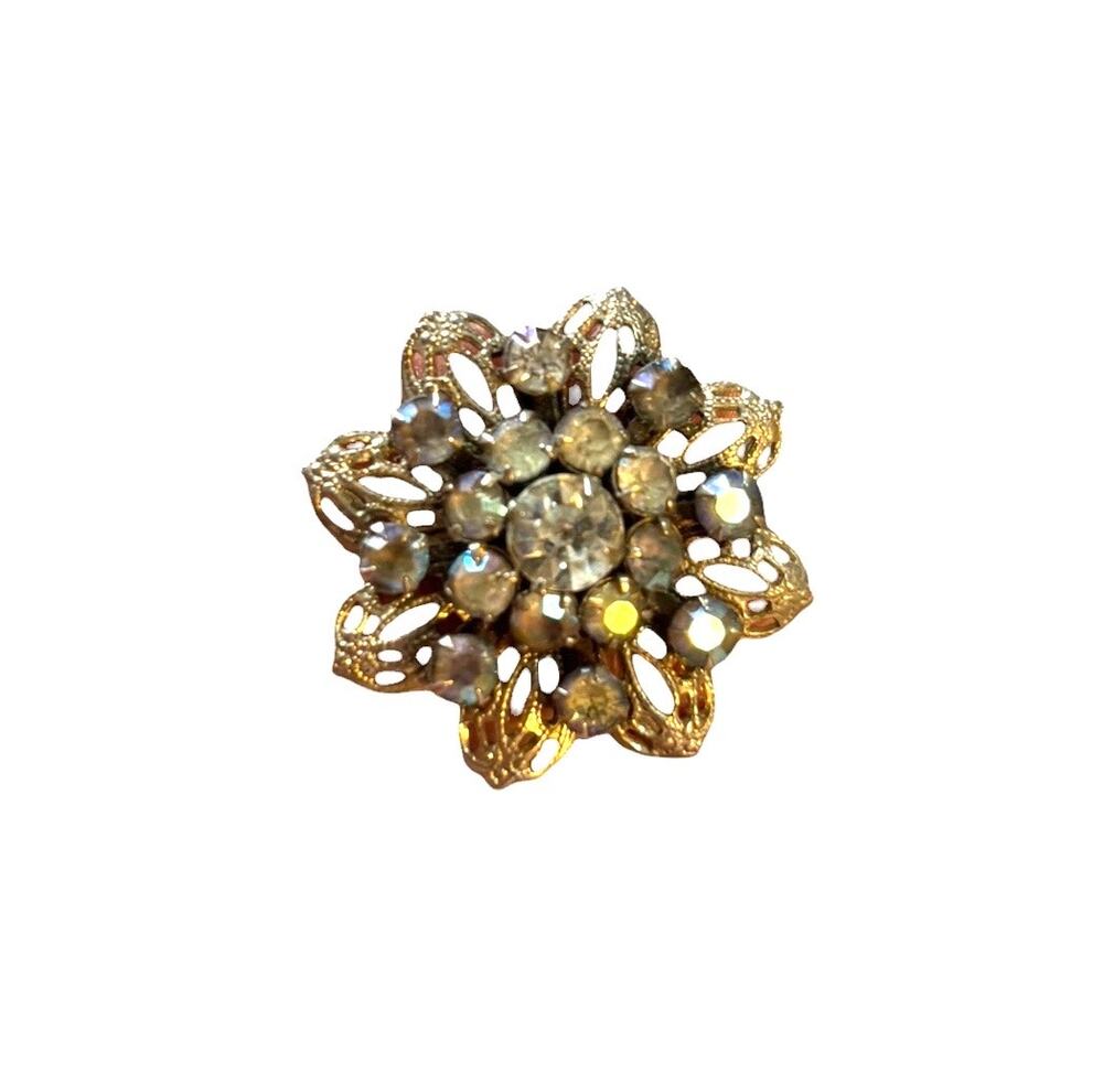 Vintage Filigree Rhinestone Flower Brooch Aurora Borealis Floral Pin Mid Century